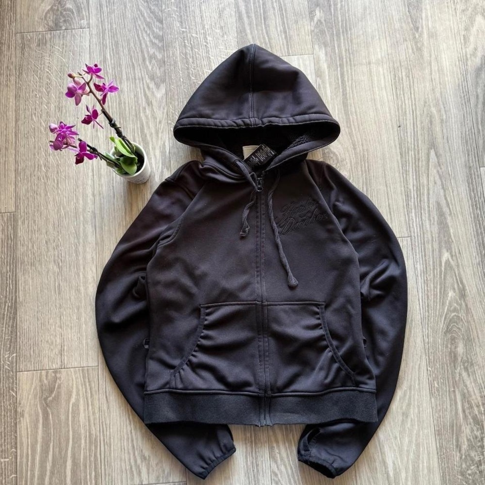 Vintage Y2K Harley Davidson Womens Small Zip up Hoodie Black Embroidered